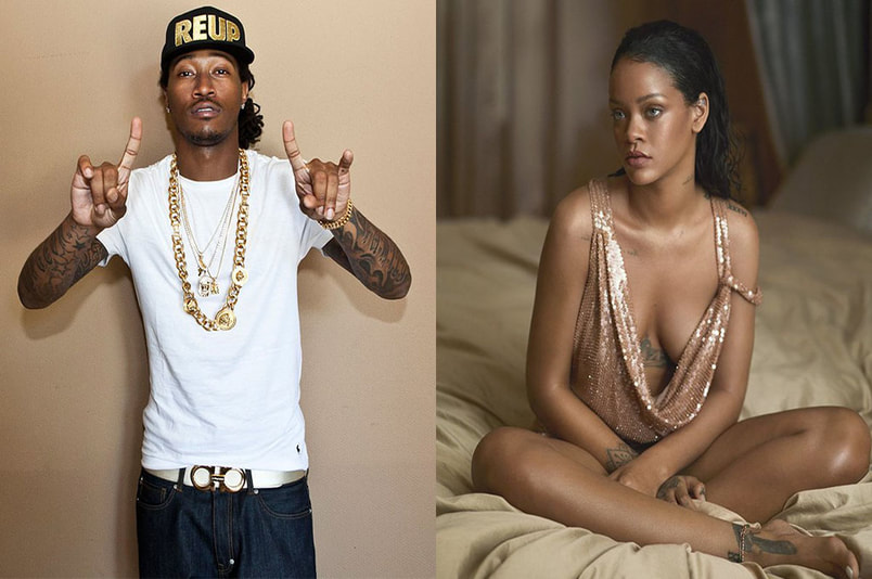 Future holds his hands up with index fingers extended  while Rihanna (separate picture) sits cross legged wearing only a low hanging cowl neck glittery gold dress © VIBE 105